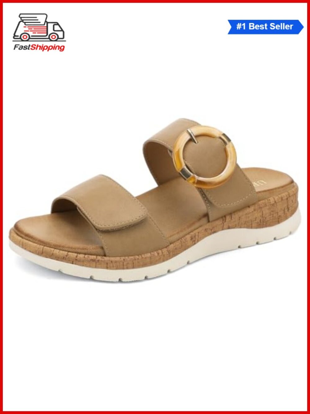 Womens Low Wedge Slides Adjustable Hook and Loop Strap Memory Foam Arch Support